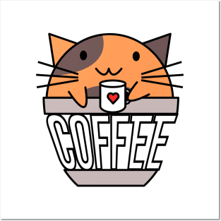 Cat in coffee cup with warped text holding coffee cup with heart orange and brown Posters and Art